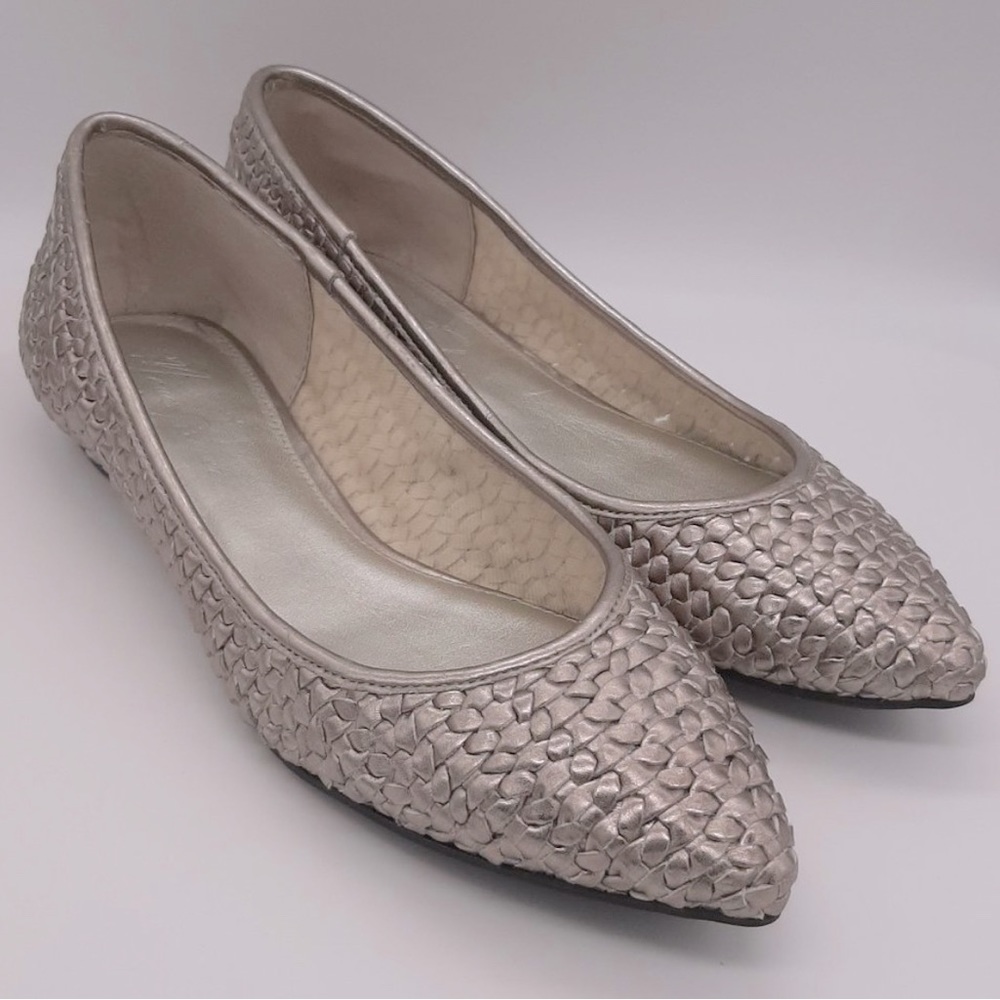 Marc Fisher Metallic Silver Woven Leather Flat
